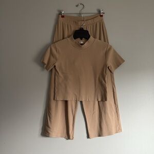 PULL & BEAR Lounge Set, color-camel, crop top-small, wide leg pants-large